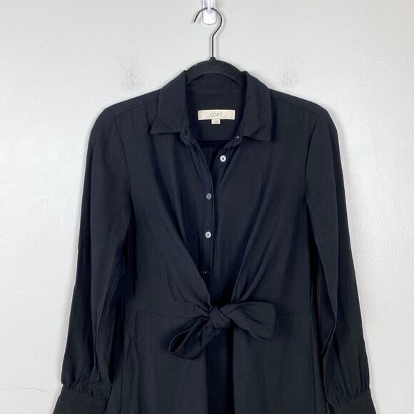 Loft Knot Front Midi Shirtdress Long Sleeve Button Down Tie Front Black Size 2 - Picture 4 of 13